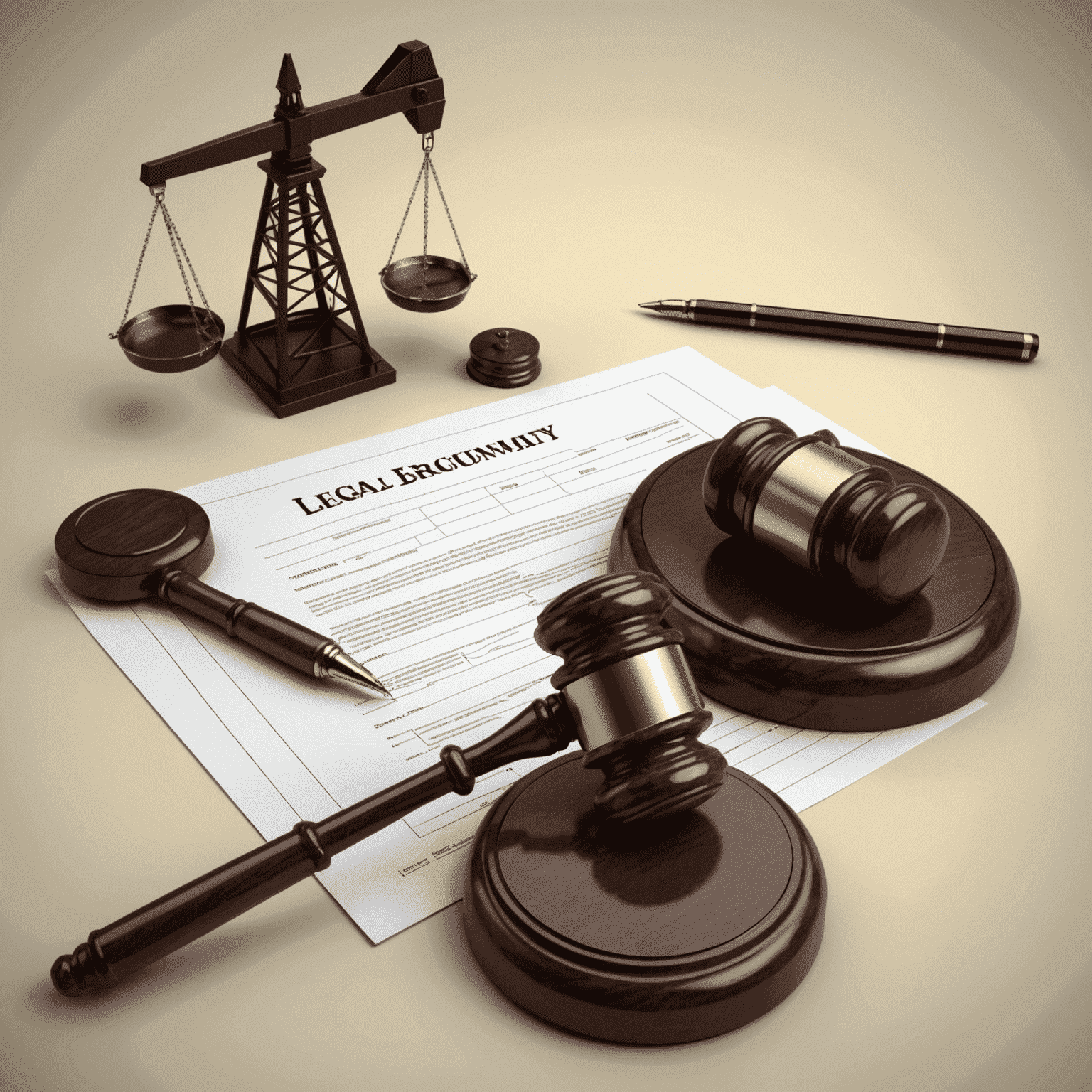 An image showing legal documents, a gavel, and an oil derrick, representing the legal requirements and regulations in the oil industry