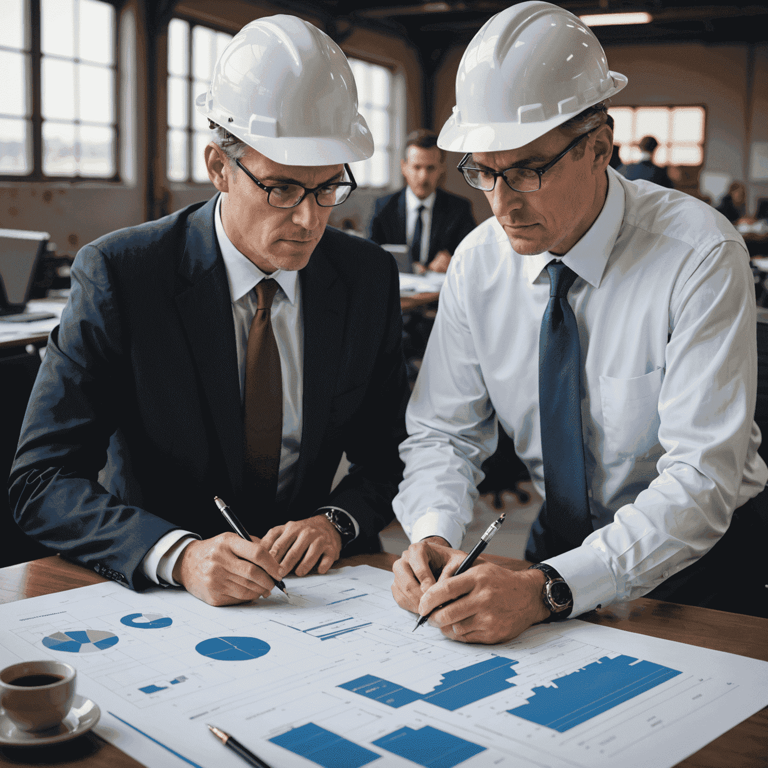 Two oil company executives discussing a partnership agreement over blueprints and financial charts